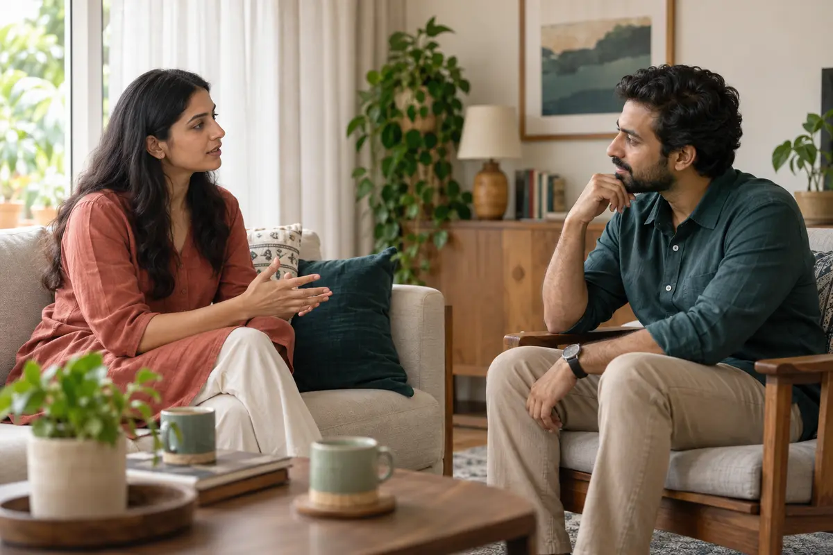 Two adults having a calm and attentive conversation
