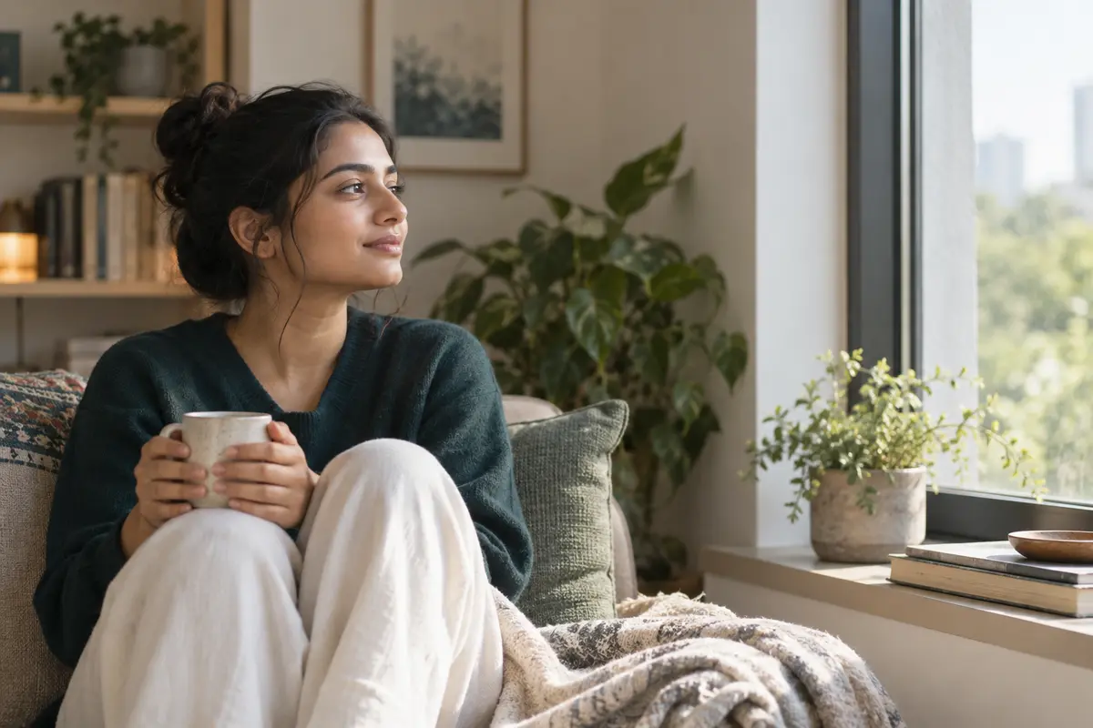 A person reflecting calmly beside a sunlit window