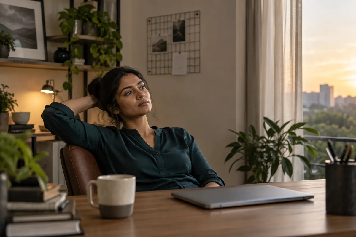 A professional pausing thoughtfully at the end of a workday